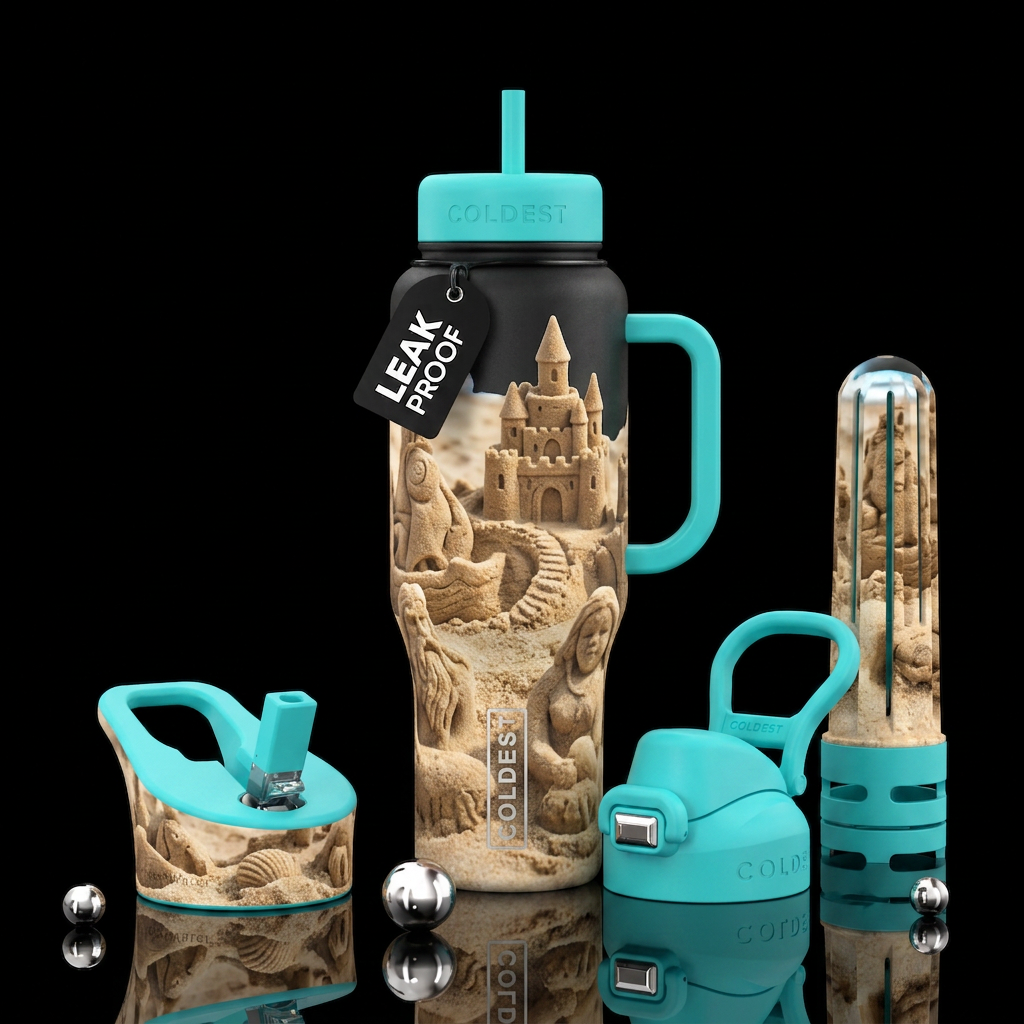 Sand sculptures at the beach water bottle design