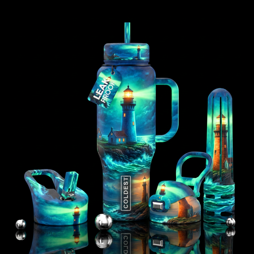 Glow in the dark lighthouse water bottle design