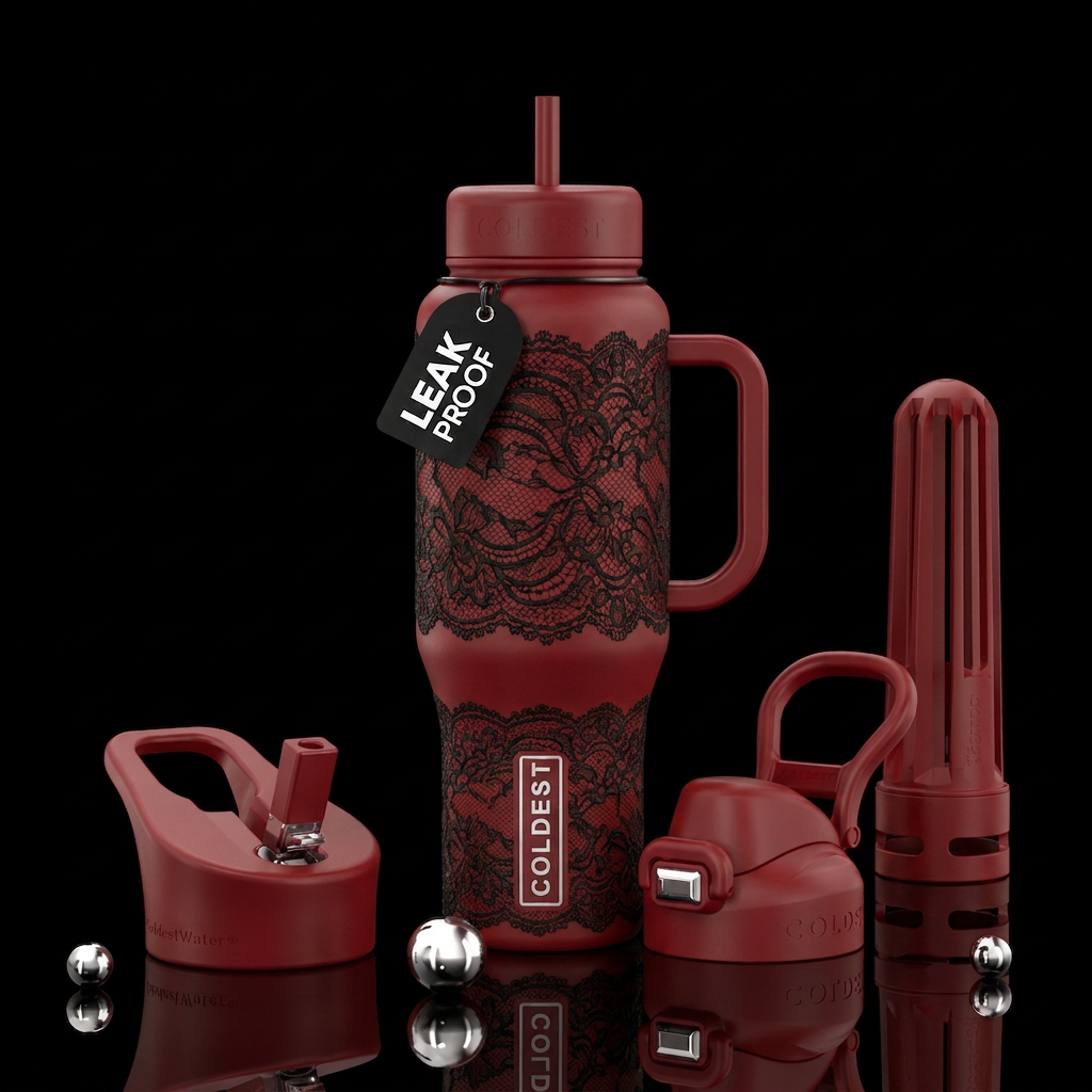 Black lace on a dark red bottle water bottle design