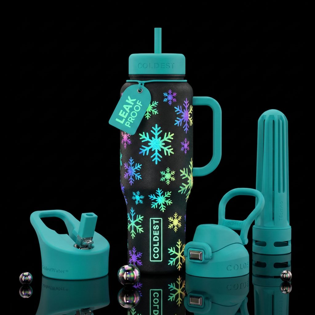 Multicolor glow-in-the-dark snowflakes water bottle design