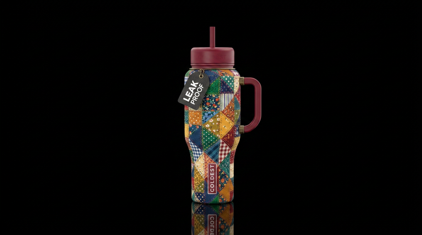 Grandma’s patchwork quilt water bottle design