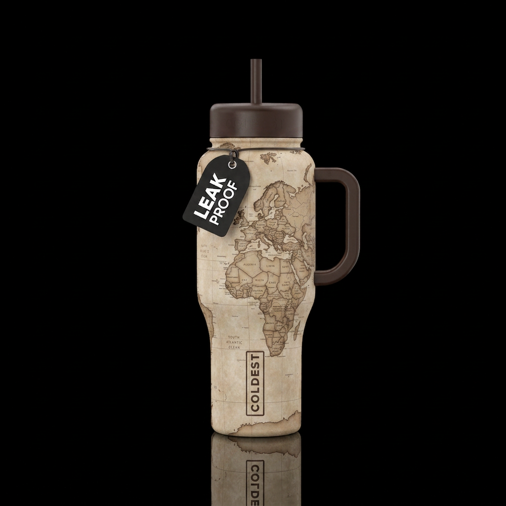 World map, sepia water bottle design