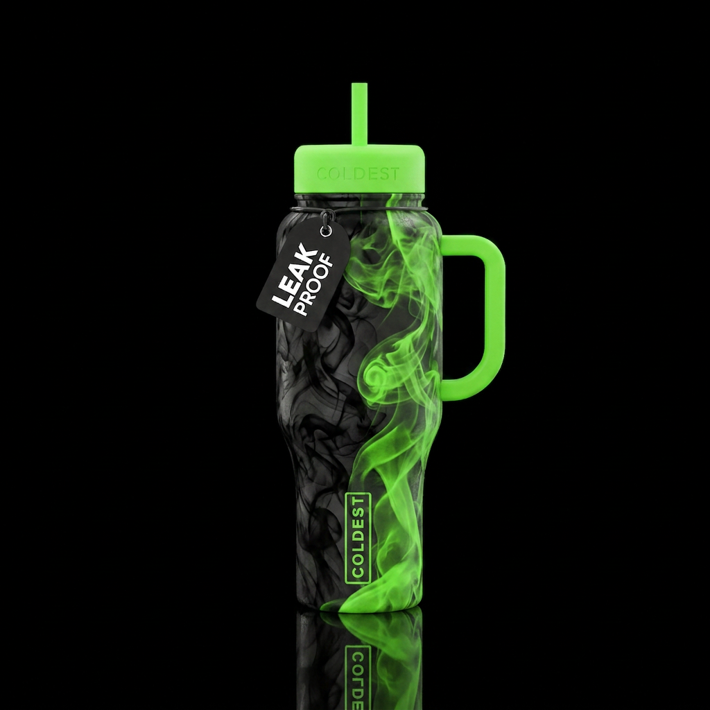 60% black smoke and 40% neon green smoke water bottle design