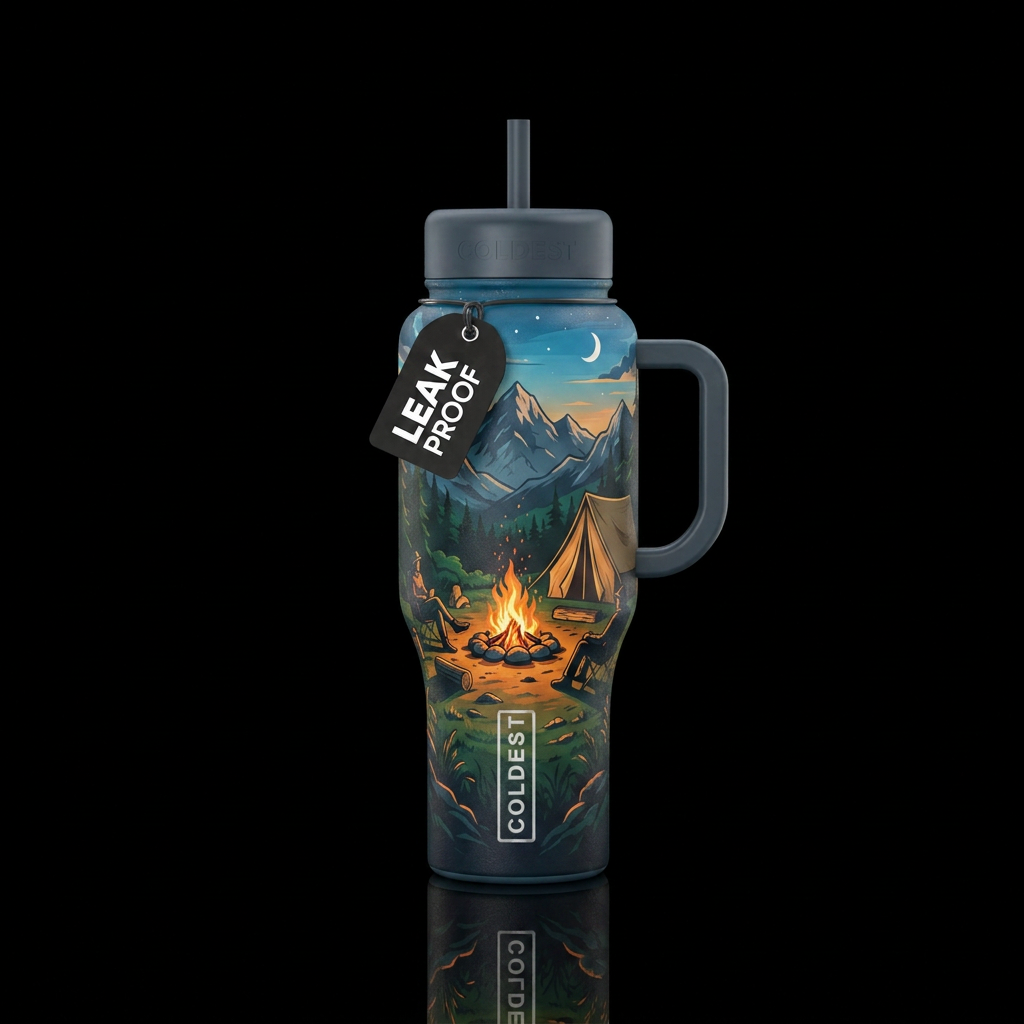 Fire side camping in the mountains water bottle design