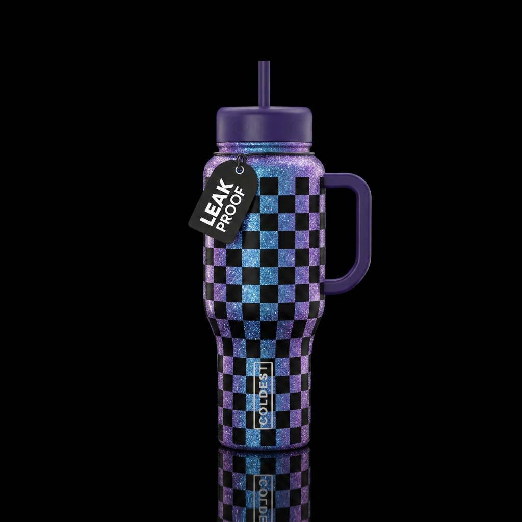 Blue and purple mixed glitter covered in black che... water bottle design