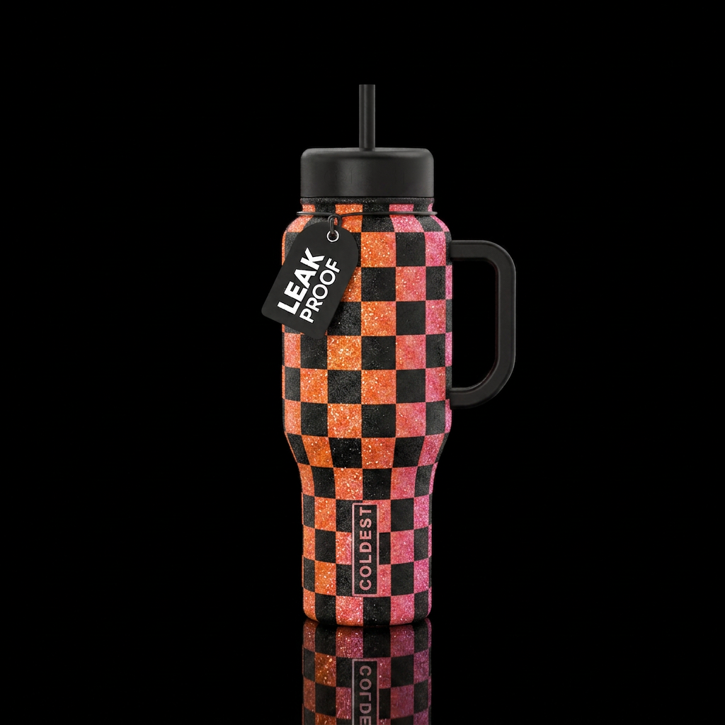 Orange and pink glitter covered in black checkers water bottle design