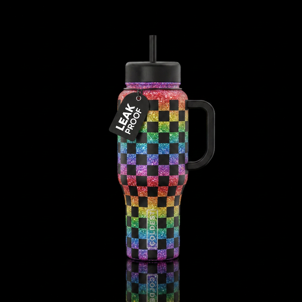 Rainbow glitter covered in black checkers water bottle design