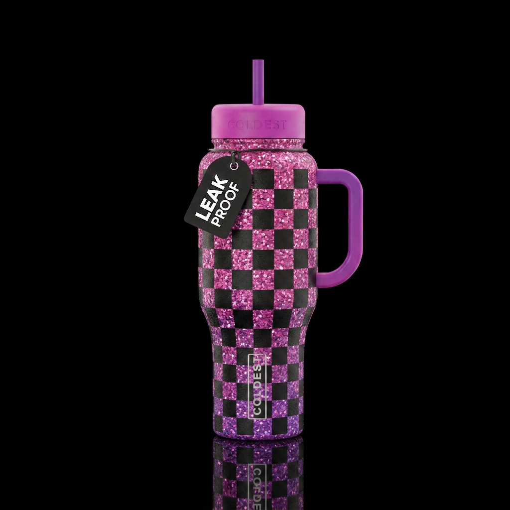 Pink and Purple glitter covered in black checkers water bottle design
