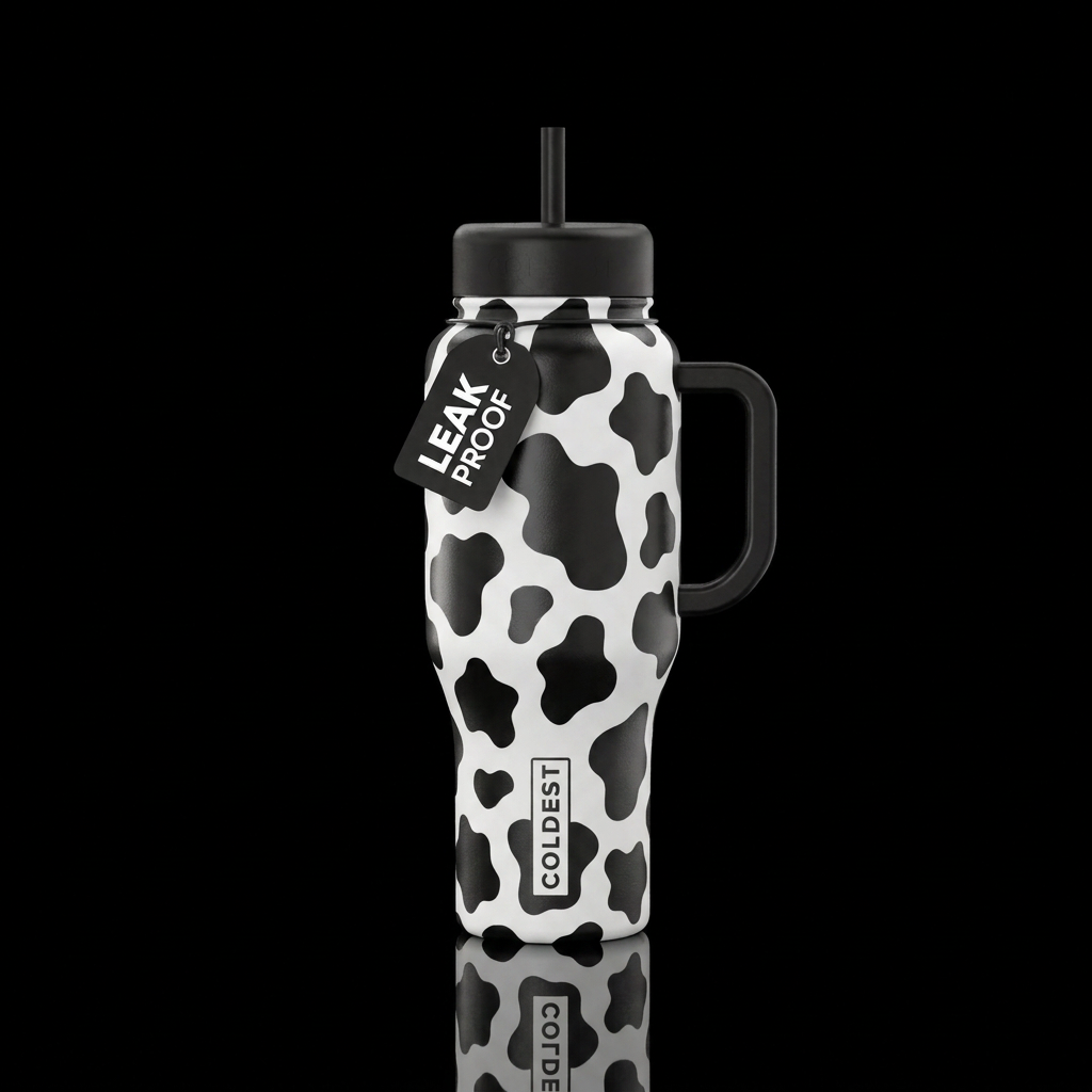 All over black-and-white cow print water bottle design