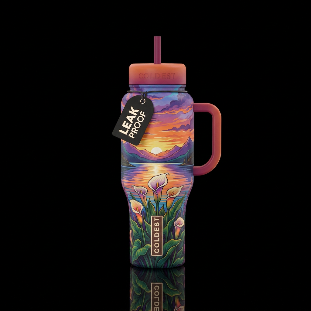 Cali lillies by the lake ar sunset in the mountain... water bottle design