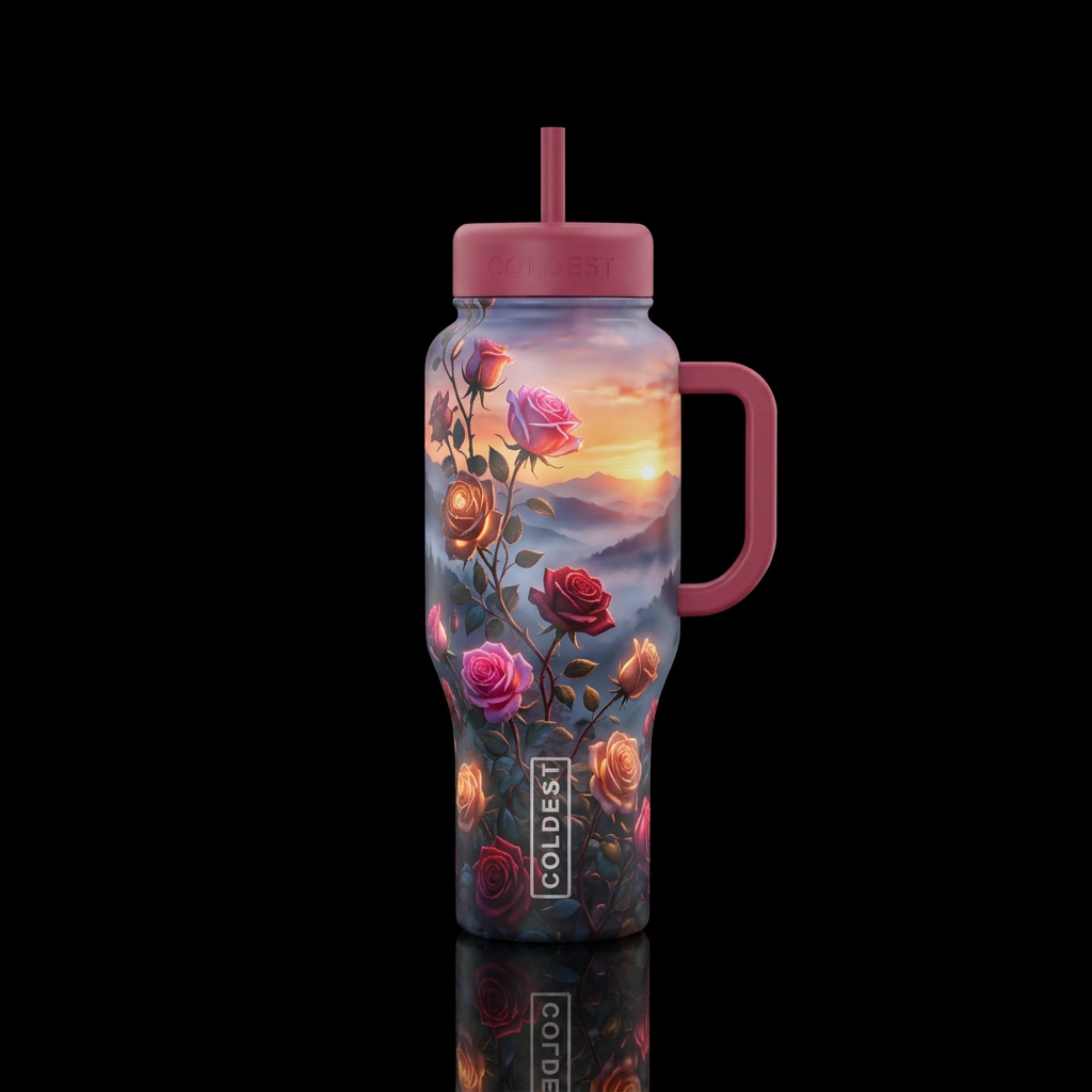 Glowing roses on vines at sunrise in smokey mounta... water bottle design
