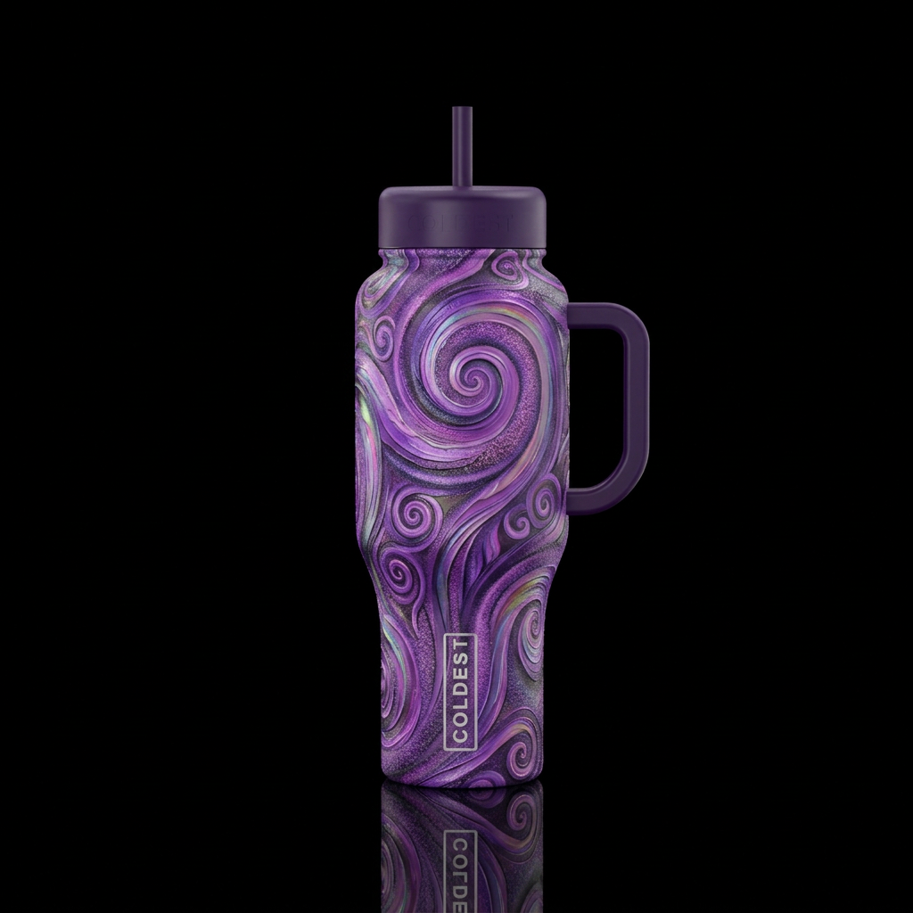 Purple, swirls, spirals, irridescent, mythical, oi... water bottle design