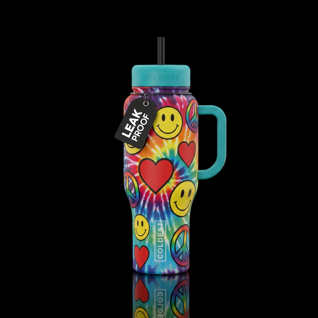 Happy face, peace sign, red heart, tie dye back gr... water bottle design