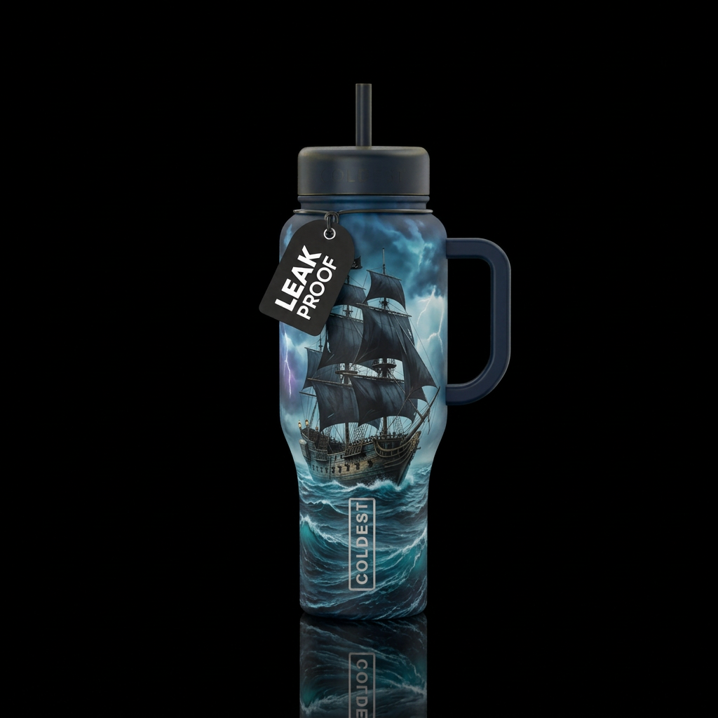 Black pearl ship in the ocean with a storm in the ... water bottle design