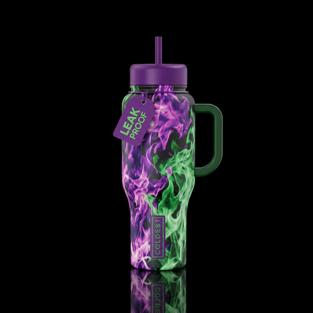 Purple and green, firery, explosive water bottle design