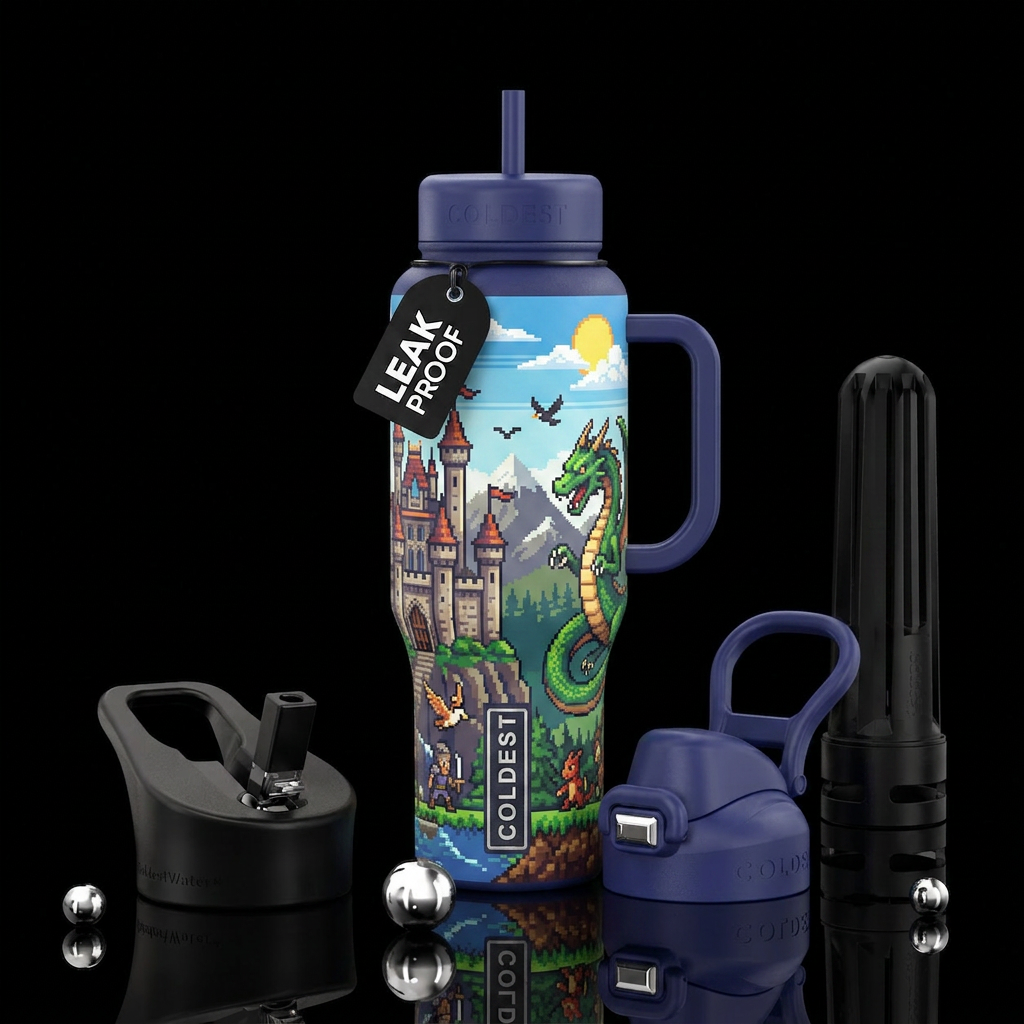 8bit style, front and back, castles, dragons, fant... water bottle design