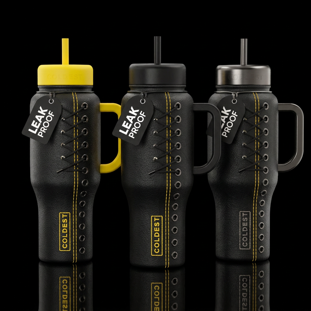 A Dr Marten's themed bottle, Maybe black leather a... water bottle design