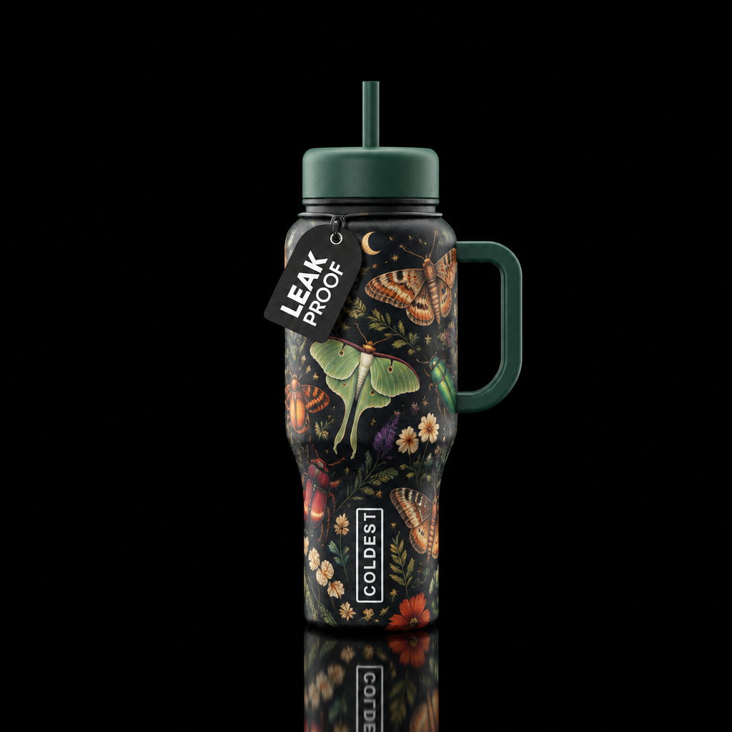 Dark base insects moths beetle whimsy water bottle design