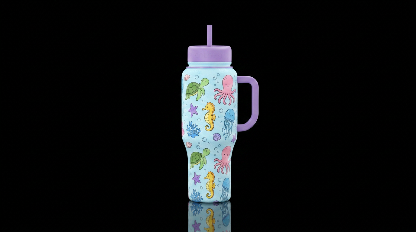 Whimsical Green sea turtles, pink octopus, yellow ... water bottle design