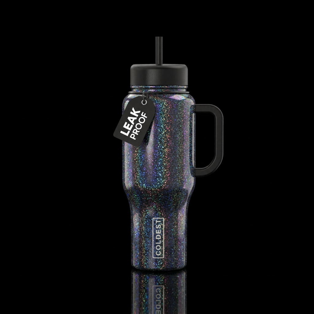 Black irridescent bottle with black handle and lid... water bottle design
