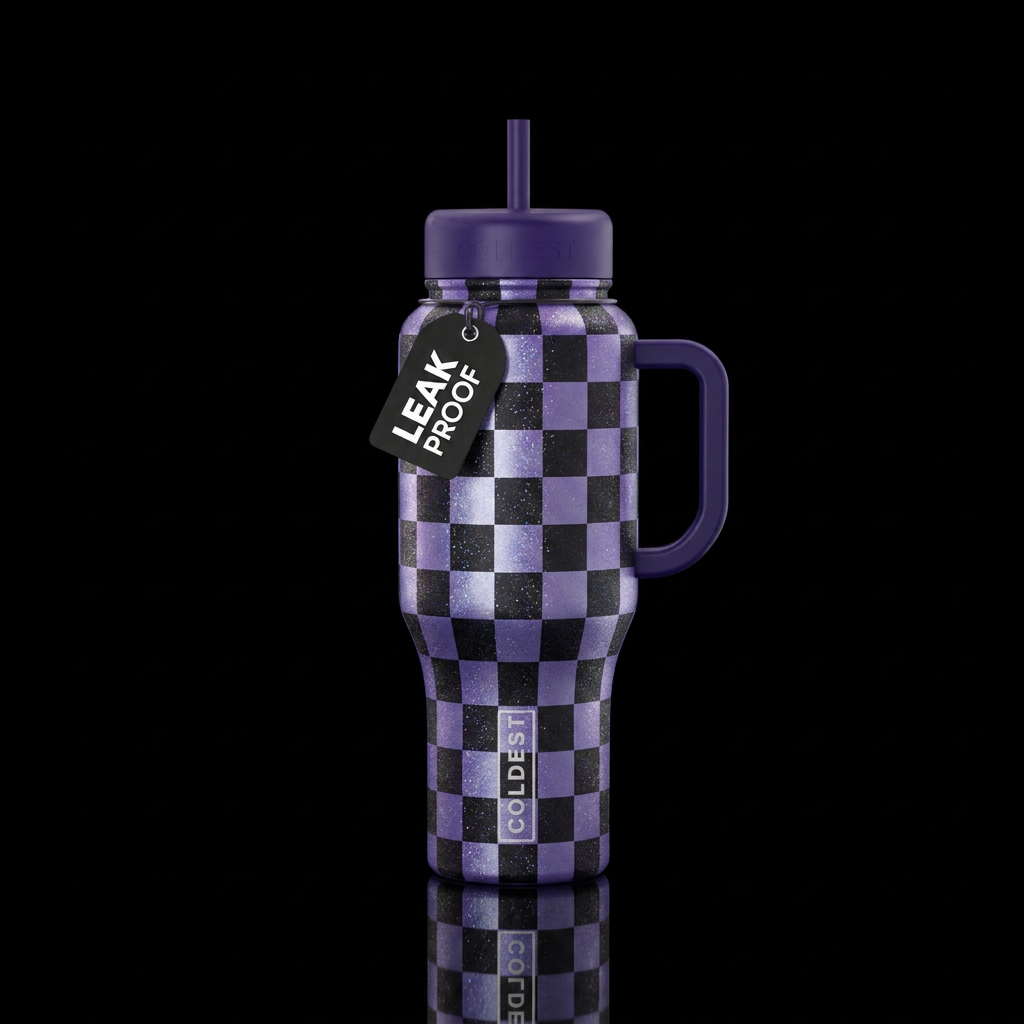 Checkered bottle. Alternating black and deep purpl... water bottle design