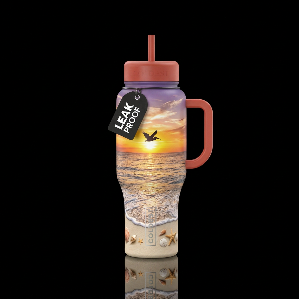 Beach bottle. Creamy sand at the bottom building i... water bottle design