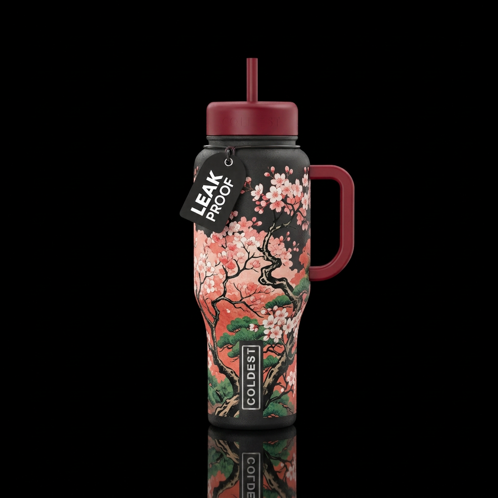 Japanese painting style with cherry blossoms water bottle design