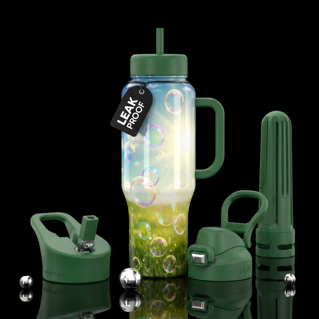 Multicolored bubbles floating up in sky over meado... water bottle design