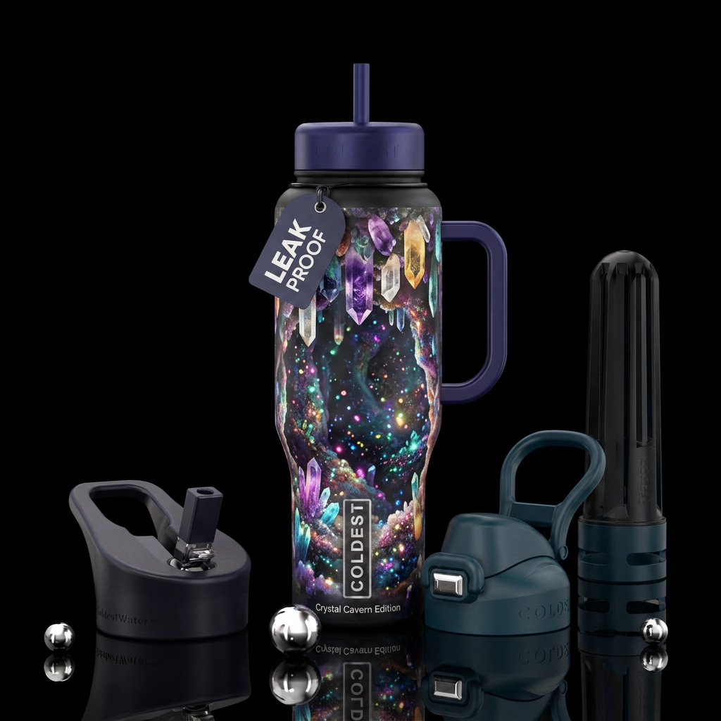 Cave with crystals hanging down glistening with gl... water bottle design