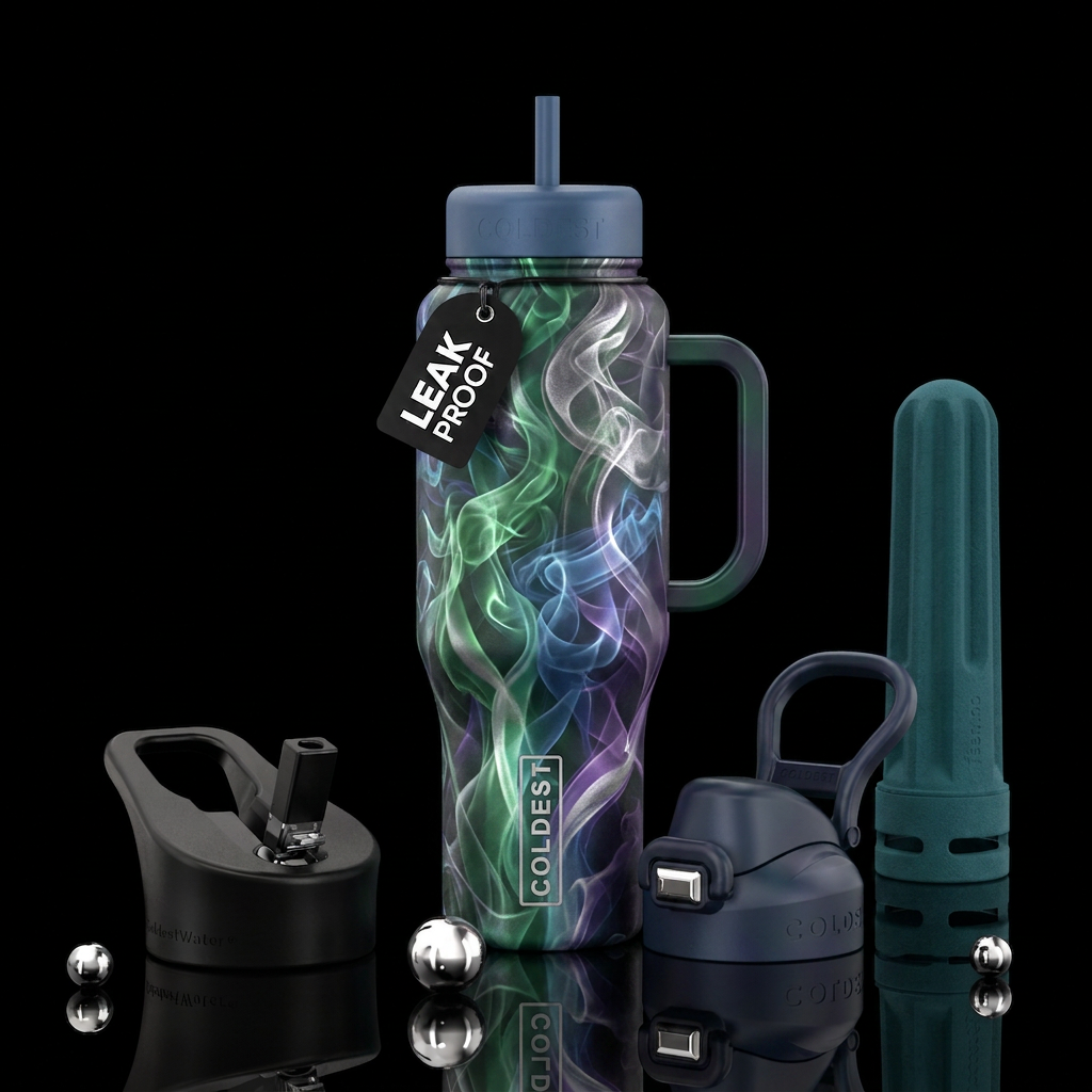 Whimsical swirls of green blue purple silver smoke water bottle design