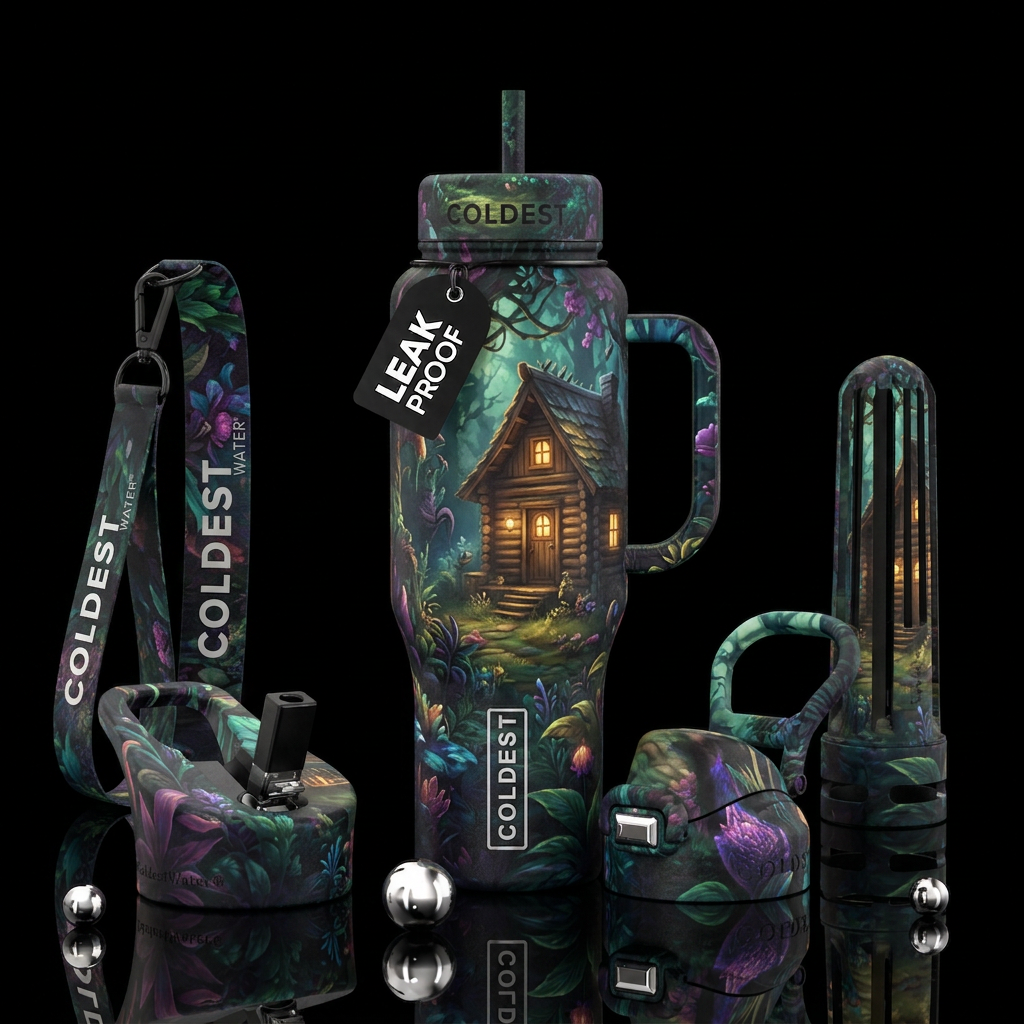 Enchanted garden around log cabin at dusk water bottle design