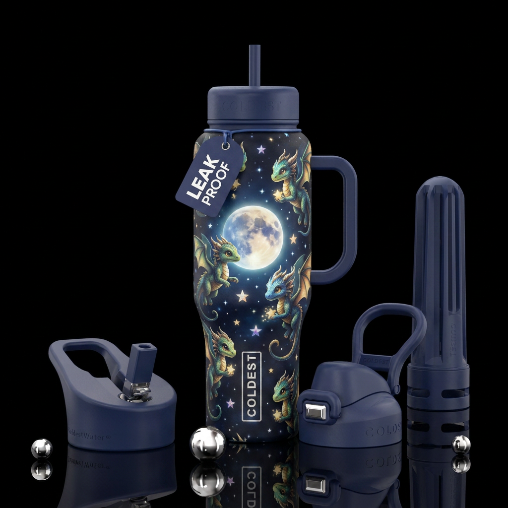 Baby dragons flying in night sky around glowing mo... water bottle design