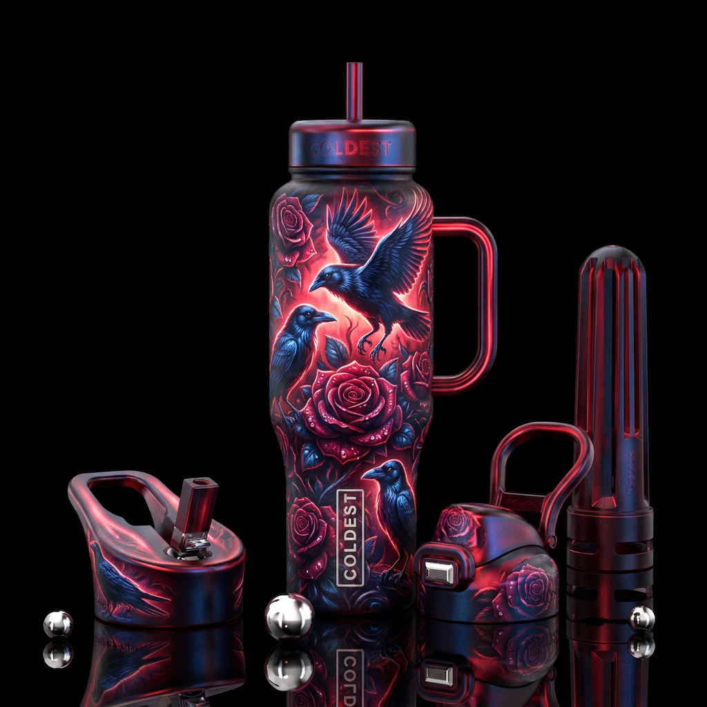 Ravens and dew covered roses in Gothic style glowi... water bottle design