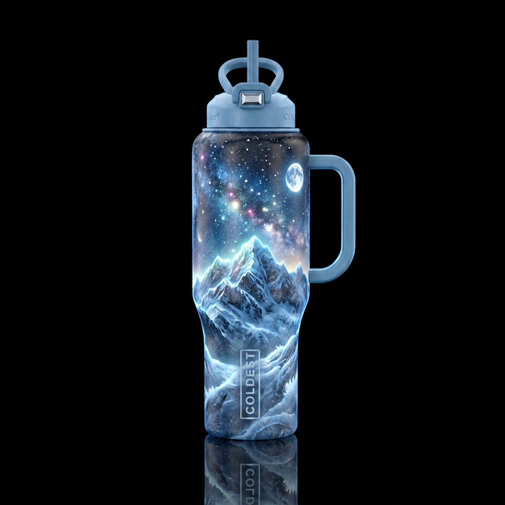 Glowing Frost covered mountains under moon stars n... water bottle design