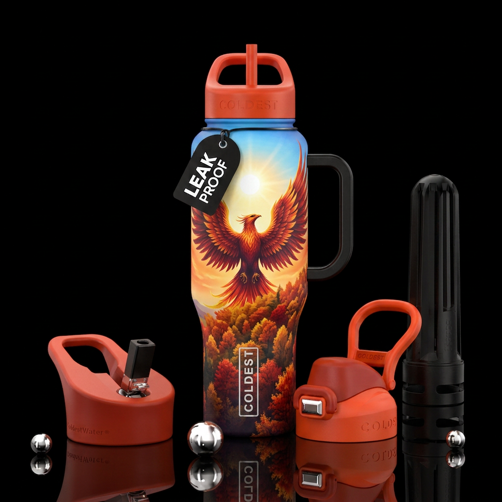 Phoenix wings spread over top of tree covered hill... water bottle design