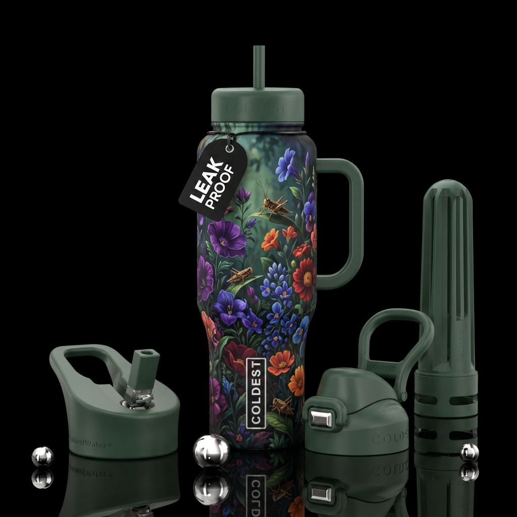 Cher ping crickets in flower filled garden at dusk water bottle design