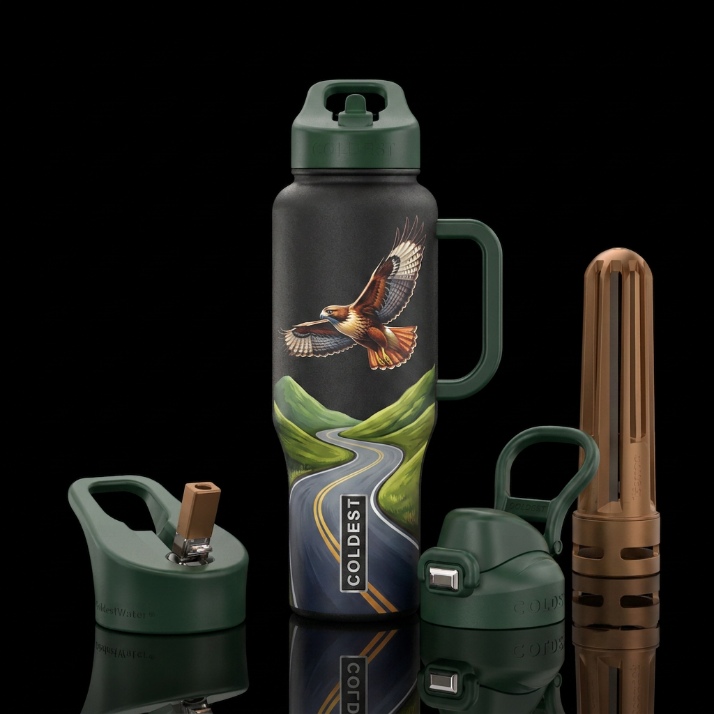 Hawk flying over winding road between two green hi... water bottle design