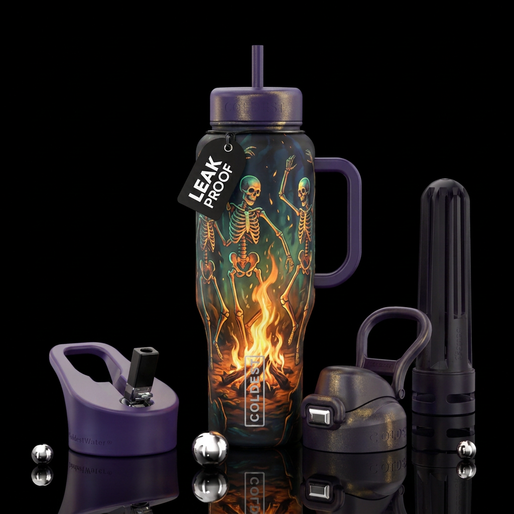 Dancing skeletons by firelight water bottle design