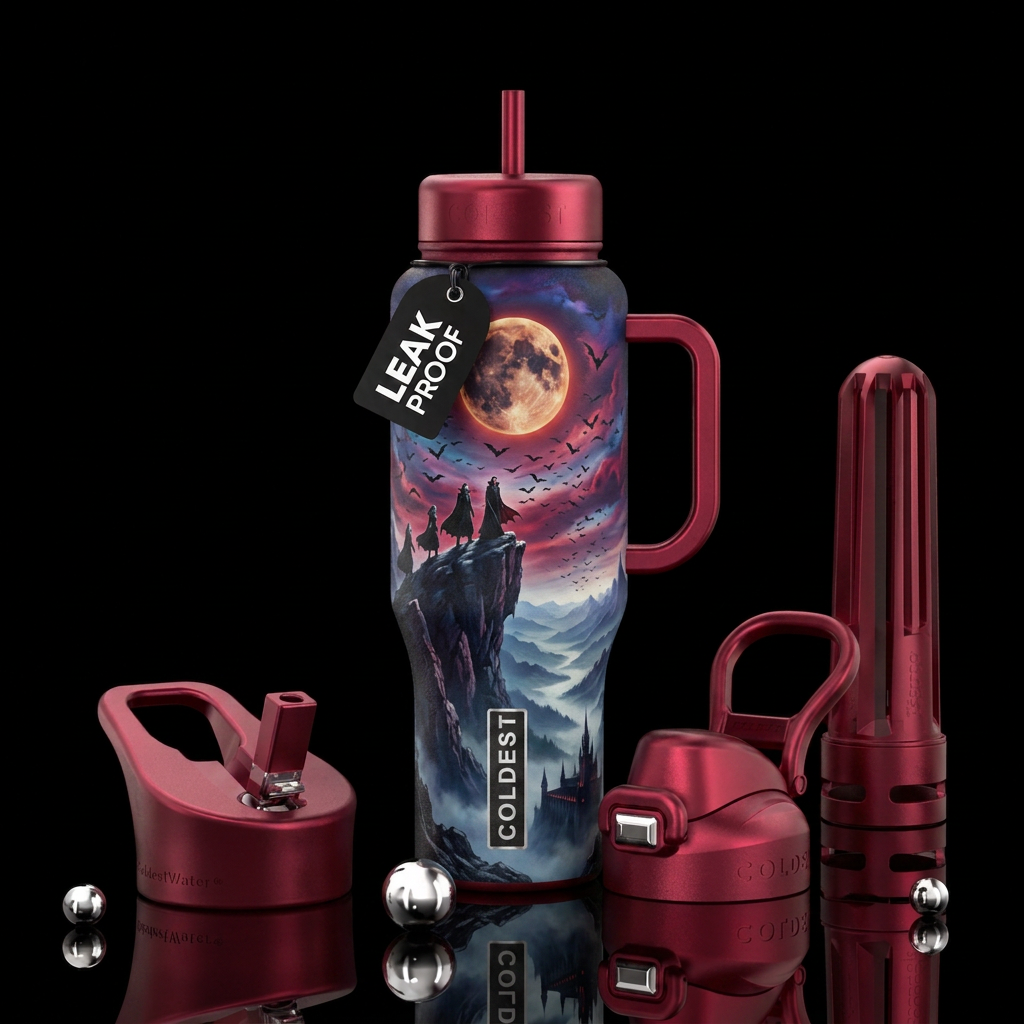 Vampires standing atop mountain overlooking long b... water bottle design