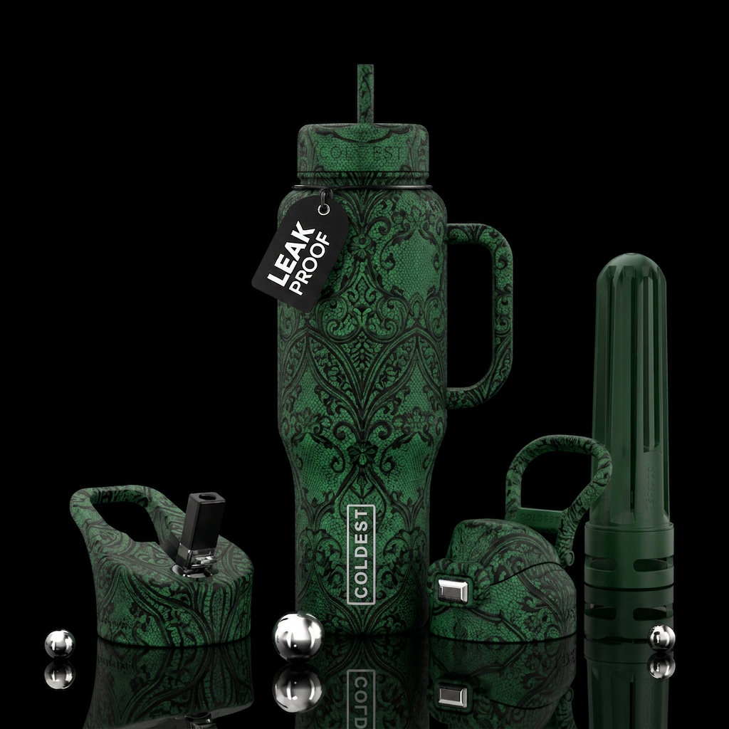 Victorian Gothic textured green and black lace water bottle design