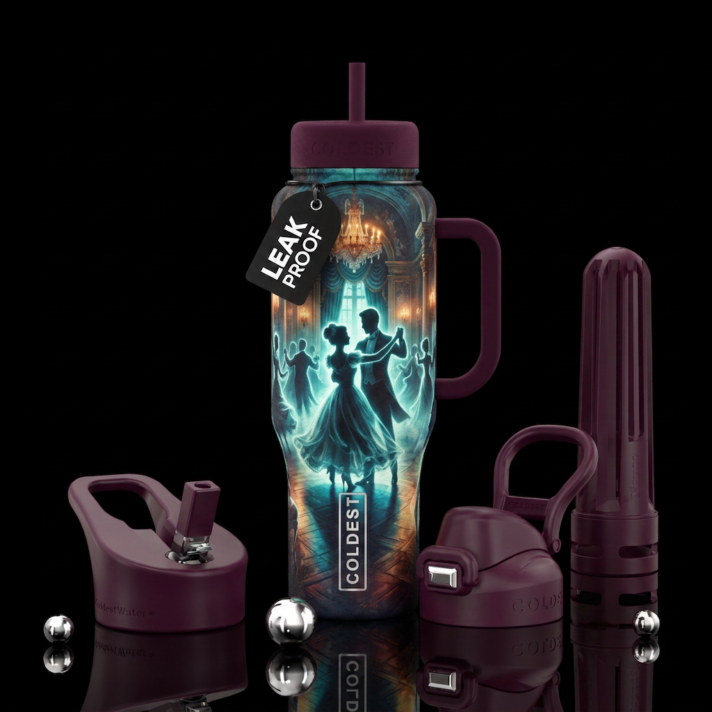 Silhouette of glowing ghost people in  Victorian b... water bottle design