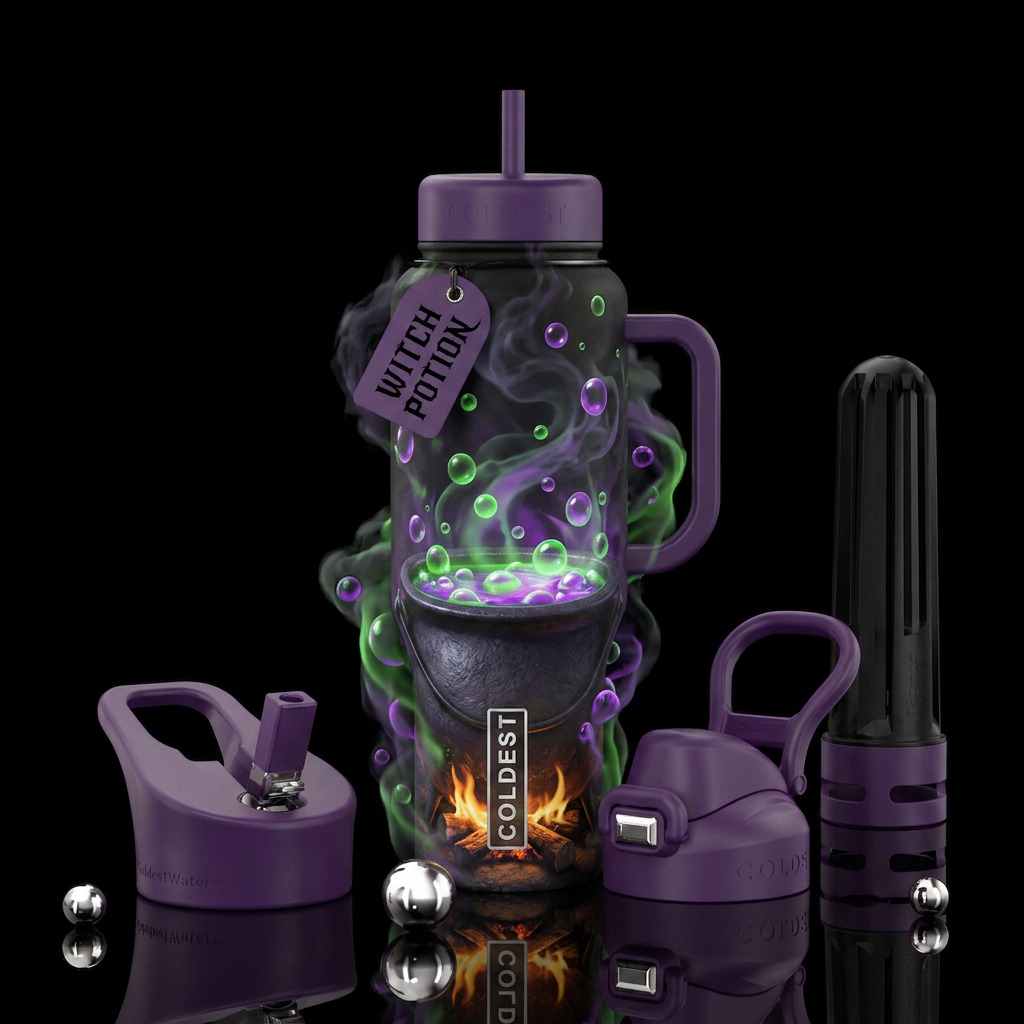 Witches cauldron bubbling green and purple over fi... water bottle design
