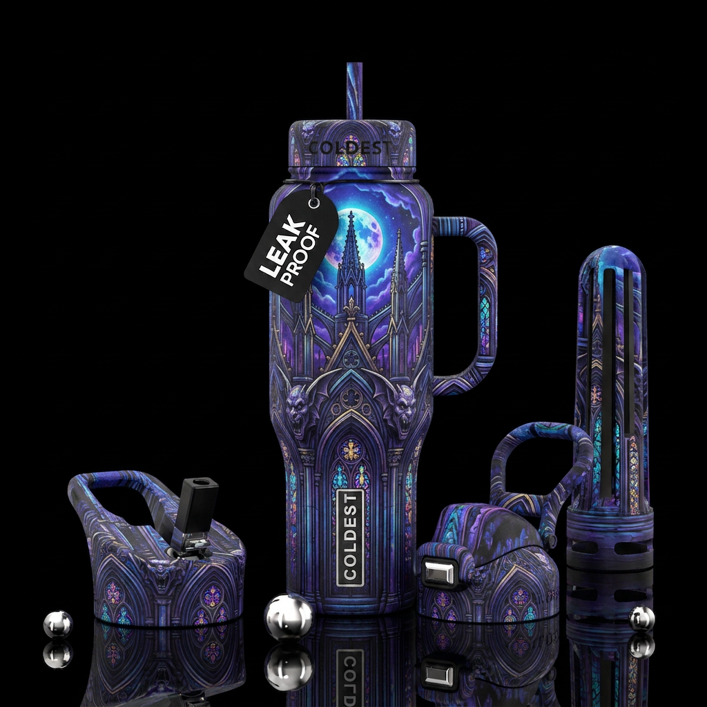 Got his cathedral under moonlight with gargoyles water bottle design