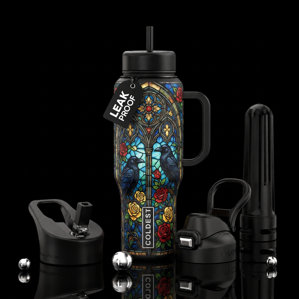 Stained glass cathedral window with Ravens and ros... water bottle design