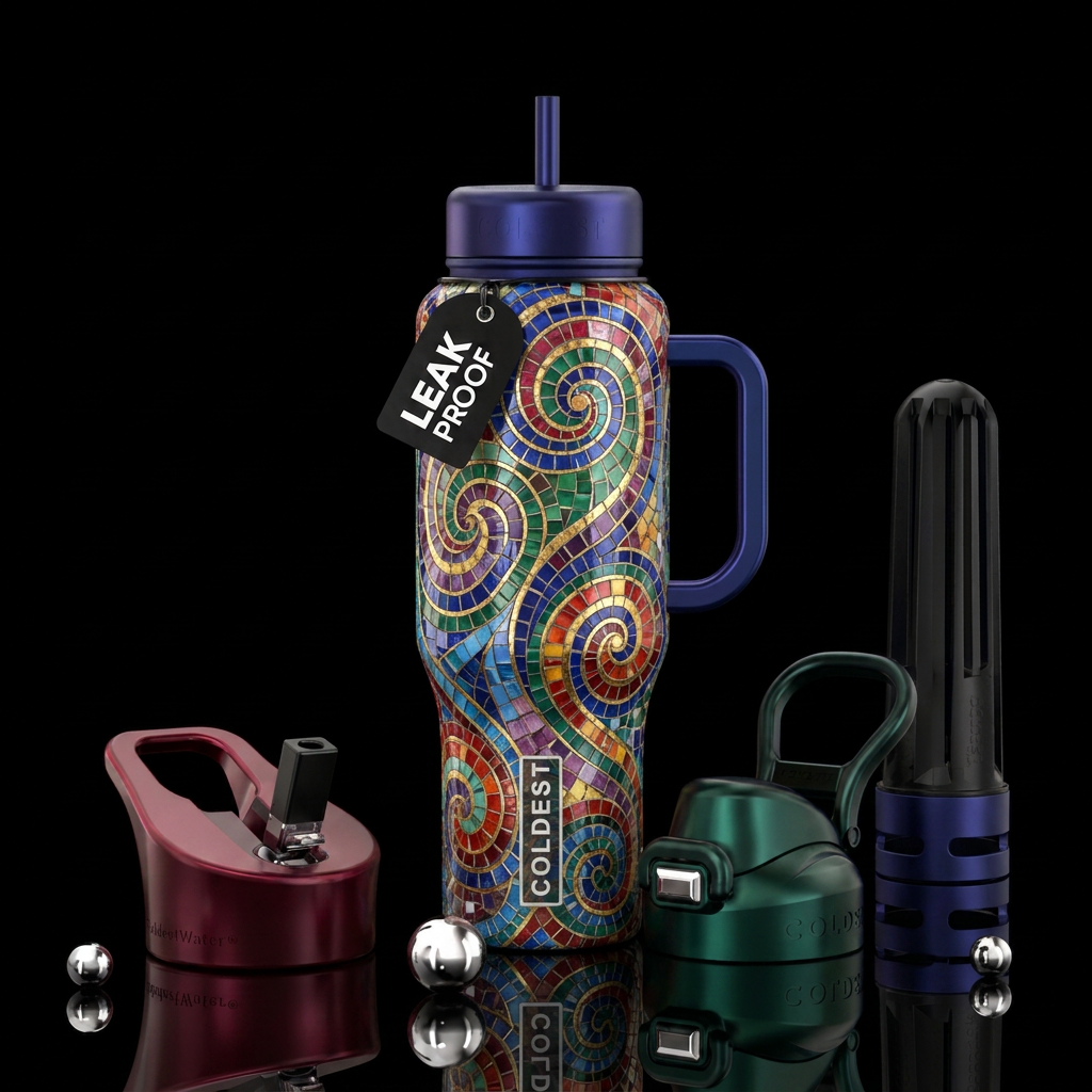 Mosaic tiles in spirals water bottle design