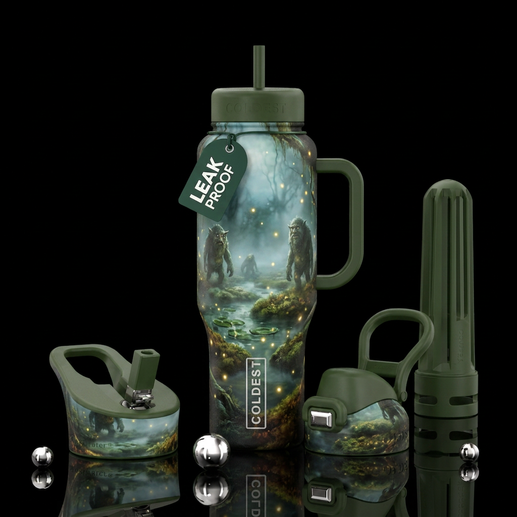 Bubbling bog with mist and trolls wandering glowin... water bottle design