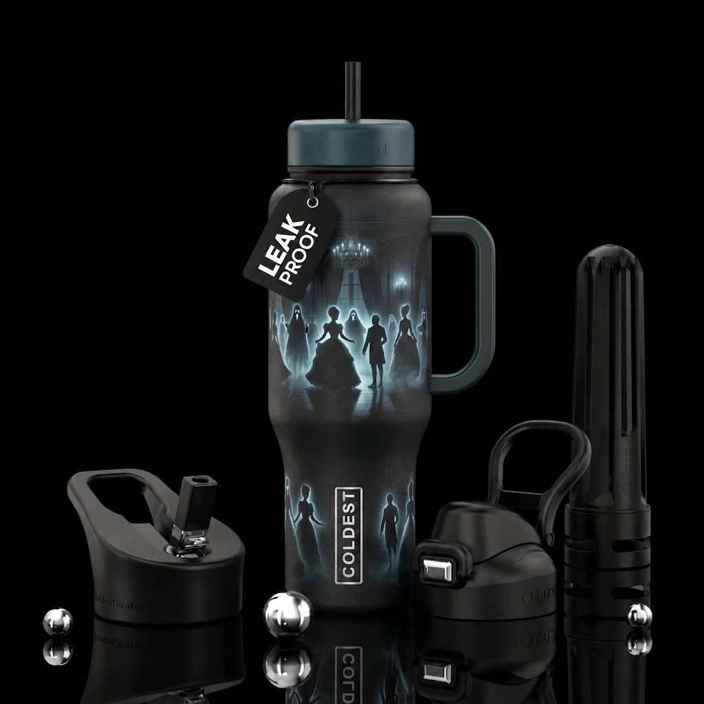 Silhouette of glowing ghost people in  Victorian b... water bottle design