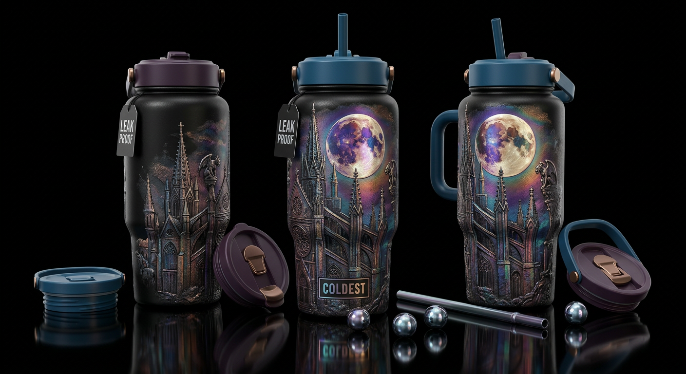 Gothic cathedral under moonlight with gargoyles water bottle design