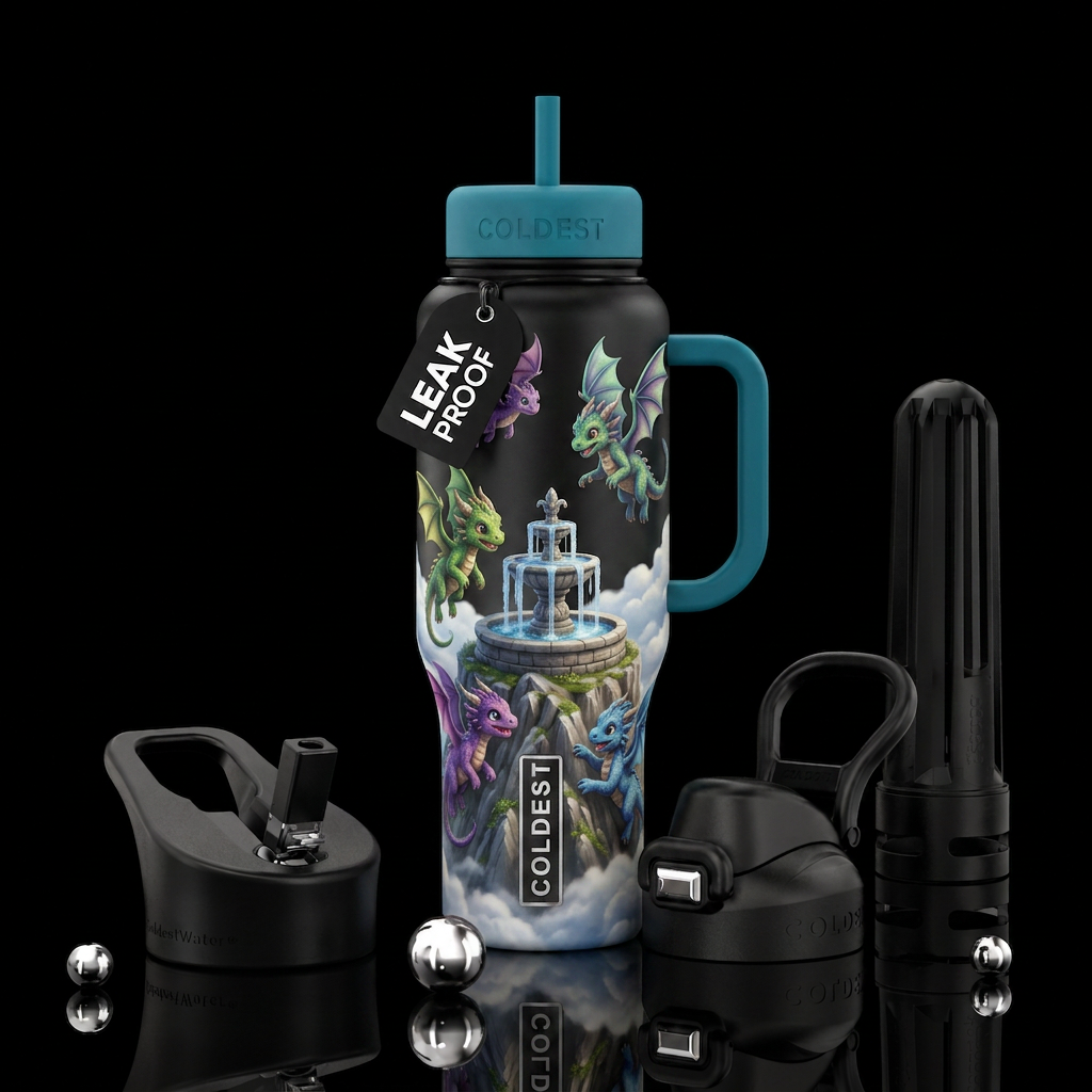 Baby dragons around fountain on mountain top water bottle design