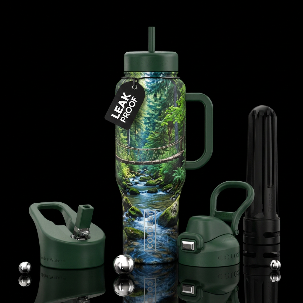 Rope bridge over stream in forest water bottle design